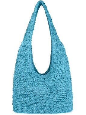 Women's Blue Large Straw Beach Bag Handmade Woven Shoulder Bags Hobo Tote
